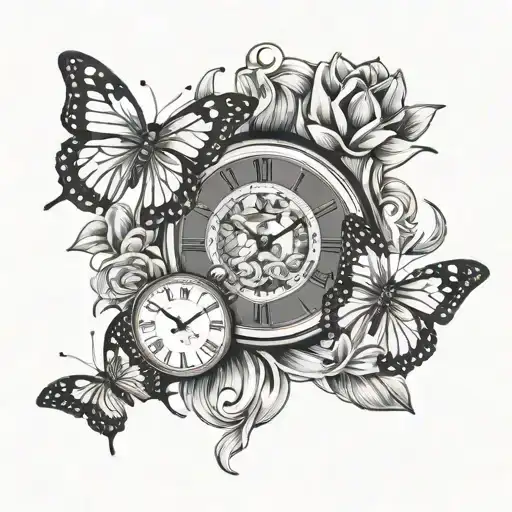 Waves clock butterflies and tulips tattoo design idea