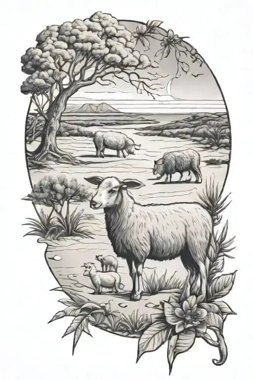 Western australian themed tattoo featuring sheep, kangaroo, rottnest island, quokkas and the beach tattoo design idea