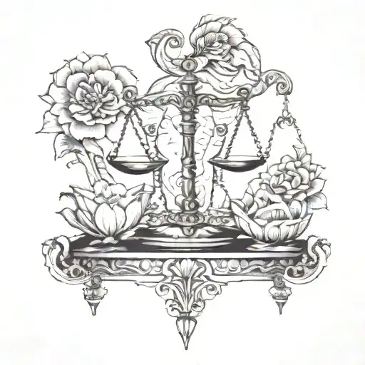 Libra scales with lotus flower and elephant surrounded tattoo design idea