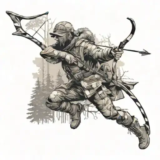 A black-grey tattoo of a hunter in camouflage gear with a bow and arrow, standing in a forest setting tattoo design idea