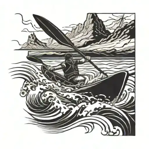 A blackwork tattoo of a kayaker navigating through turbulent waters with a sense of adventure and thrill tattoo design idea