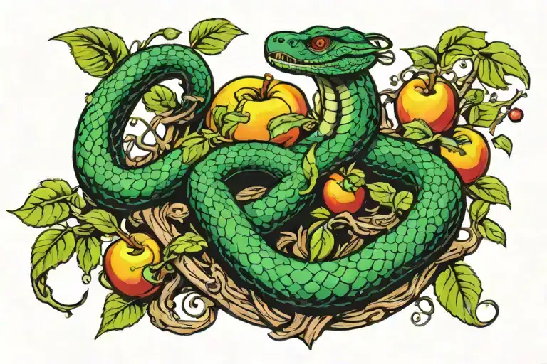 an apple tree with  small green snakes instead of leaves and calm huge King cobra wrapped around the tree trunk  and onl tattoo design idea