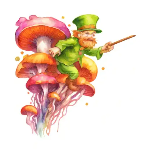leprechaun being abducted from a field of colorful mushrooms tattoo design idea