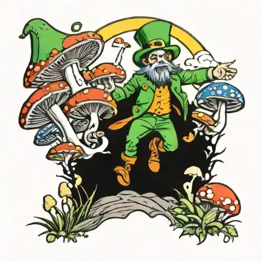 leprechaun being abducted from a field of colorful mushrooms tattoo design idea