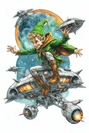 elf being abducted by spaceship with galaxy style background colorida  tattoo design idea