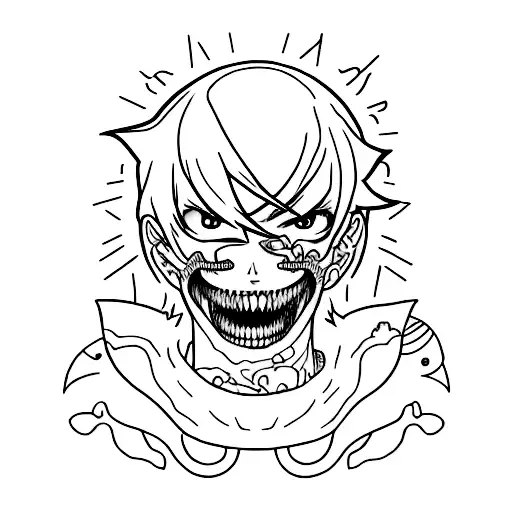 Design a minimalist tattoo of Kaneki's half-ghoul face surrounded by anime-inspired symbols and motifs tattoo design idea