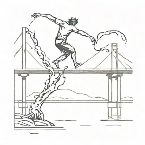 bridge burning with person jumping off into water tattoo design idea