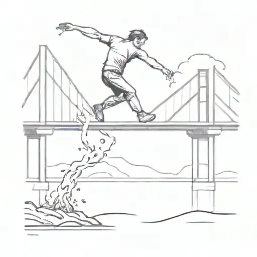 bridge burning with person jumping off into water tattoo design idea