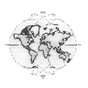 A minimalist outline of a world map with a dotted line connecting different travel destinations tattoo design idea