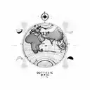 A minimalist outline of a world map with a dotted line connecting different travel destinations tattoo design idea