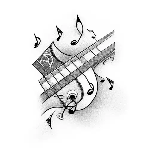 A guitar neck intertwined with paintbrushes and musical notes tattoo design idea