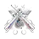 A guitar neck intertwined with paintbrushes and musical notes tattoo design idea