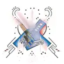 A guitar neck intertwined with paintbrushes and musical notes tattoo design idea