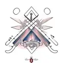 A guitar neck intertwined with paintbrushes and musical notes tattoo design idea