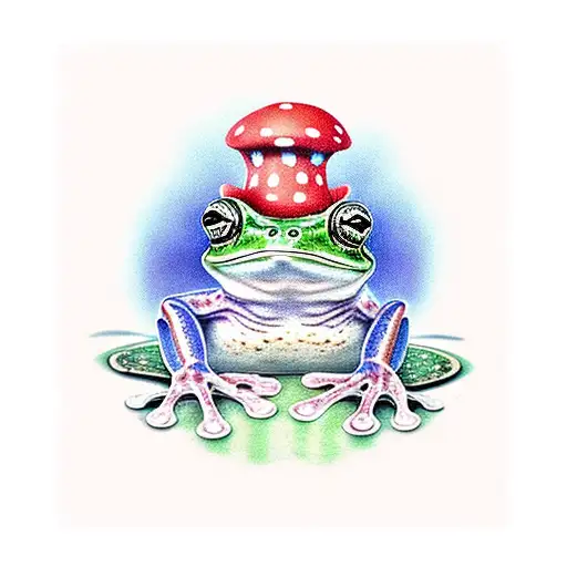 frog sat on mushroom drinking tea tattoo design idea