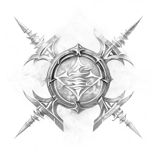 A collage of iconic weapons and artifacts from Baldur's Gate, incorporating elements of ice and fire magic tattoo design idea