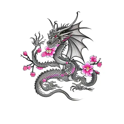 dragon and a pink cherry blossom tree  tattoo design idea