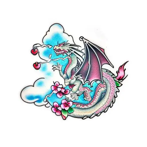 dragon and a pink cherry blossom tree  tattoo design idea
