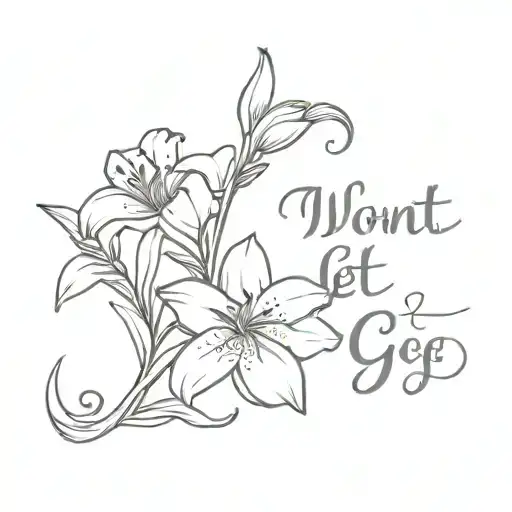 cursive "i wont let go" that leads to a bouquet of flowers with four lilly of the vallies, two violets, one honeysuckle tattoo design idea