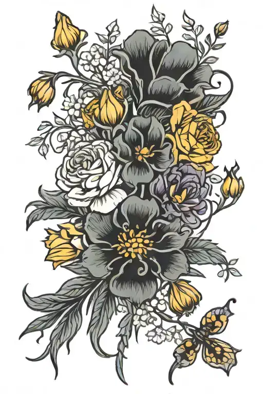 cosmo marigold sweet pea and carnation flower bouquet tattoo design idea