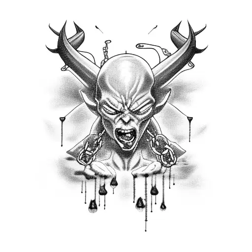 A sinister demon crying tears of blood surrounded by metal chains tattoo design idea