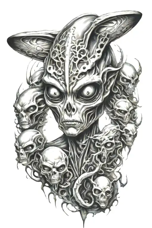 alien with third eye surrounded by alien like creatures  tattoo design idea