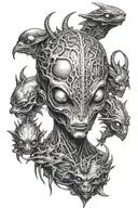 alien with third eye surrounded by alien like creatures  tattoo design idea