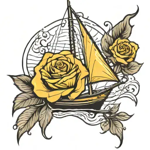 sail boat with yellow rose tattoo design idea