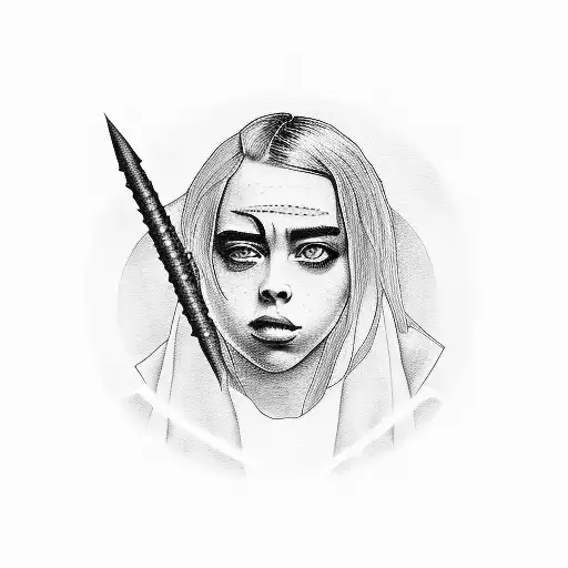 A blackwork tattoo of Billie Eilish's silhouette with a music staff as her hair tattoo design idea