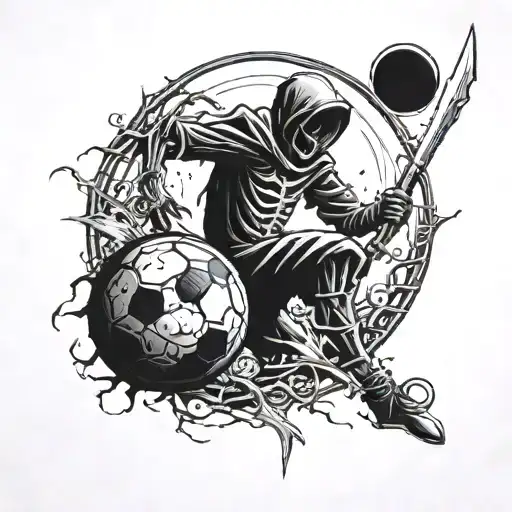 a football in front of the grim reaper's scythe looking moon tattoo design idea