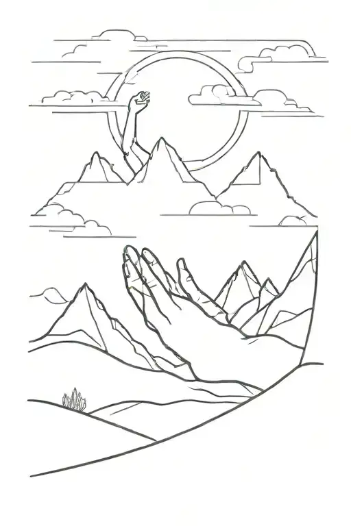 lone person peacefully laying down with one hand reaching for the sky,  with mountains in the background, minimal stile tattoo design idea