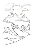 lone person peacefully laying down with one hand reaching for the sky,  with mountains in the background, minimal stile tattoo design idea