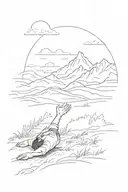 lone person laying down, one hand reaching for the sky, in a field with mountains in the background, minimal stile tattoo design idea