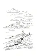 lone person laying down, one hand reaching for the sky, in a field with mountains in the background, minimal stile tattoo design idea