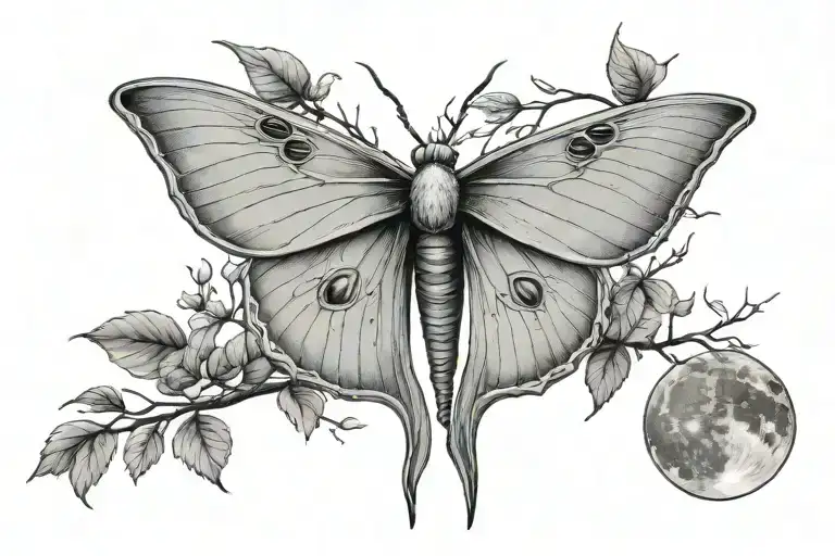 branches reaching towards each other, Luna moth, moon, shadows tattoo design idea