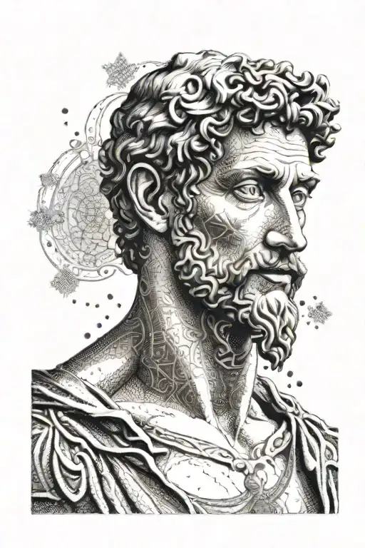 A dotwork portrait of Michelangelo's David with a background of intricate Renaissance art patterns tattoo design idea