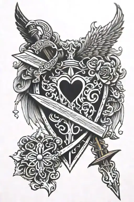 stone heart, gold mind, sword tongue, angel tattoo design idea