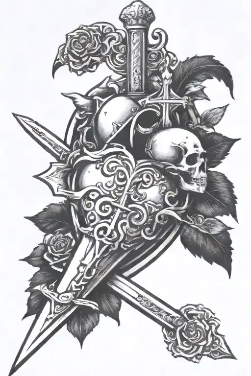 stone heart, gold mind, sword tongue with angels background whole tattoo design idea