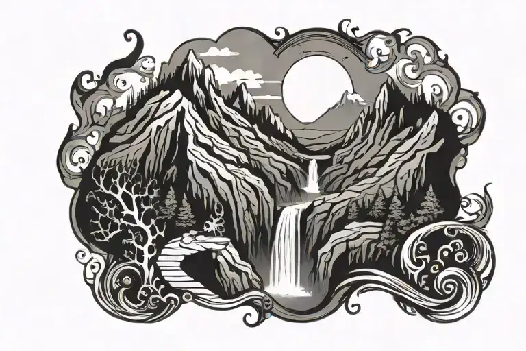 mountains with a waterfall and a trail representing ultra running with the number 100 tattoo design idea