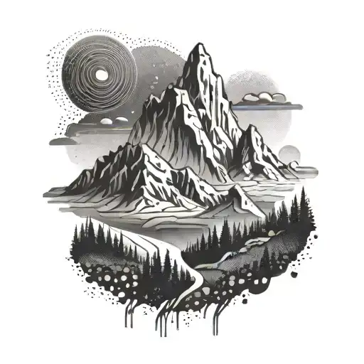 Abstract mountain landscape with a winding trail representing ultra running and hiking tattoo design idea