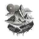 Abstract mountain landscape with a winding trail representing ultra running and hiking tattoo design idea