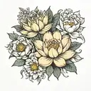 water lilly, poppy flower, marigold flower, cosmos flower,daffodils, peony, lily flower, honeysuckle, rose, aster flower tattoo design idea