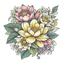 water lilly, poppy flower, marigold flower, cosmos flower,daffodils, peony, lily flower, honeysuckle, rose, aster flower tattoo design idea