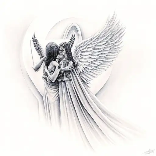 Guardian with Angel wings protects his daughter tattoo design idea