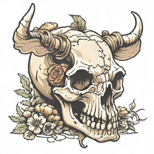 Create an image of a hippo skull with a human skull impaled on the buttom tusk and mushrooms growing out of the Hippo tattoo design idea