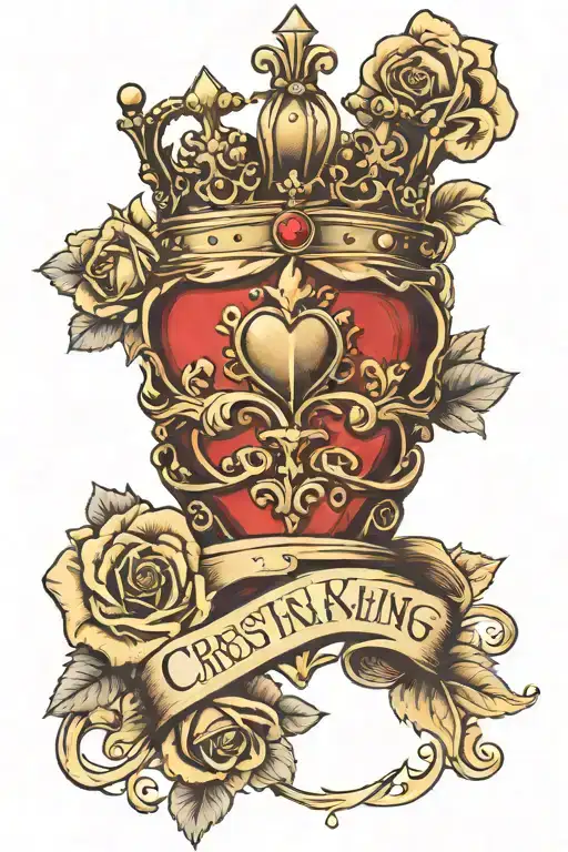 golden king crown with heart inside crown wrapped by scroll with name Cristian w/roses and an embedded stop watch  tattoo design idea