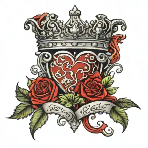 heart inside crown and scroll wrapped in crown with name on scroll scroll dangling down with red roses wrapped around a  tattoo design idea