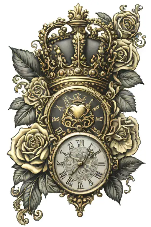 golden king crown with heart inside crown wrapped by scroll with fancy name Cristian w/roses and an embedded stop watch  tattoo design idea