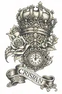 golden king crown with heart inside crown wrapped by scroll with fancy name Cristian w/roses and an embedded stop watch  tattoo design idea