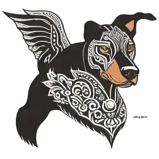perro doberman negro de cuerpo completo con detalles aztecas y referencia al motociclismo  tattoo design idea